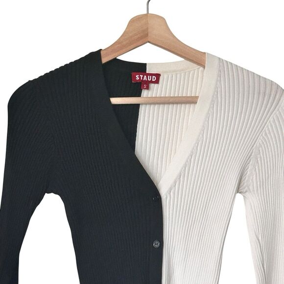 STAUD Cargo Color block Ripped Black And White Button Down Cardigan Pullover S - Picture 5 of 7